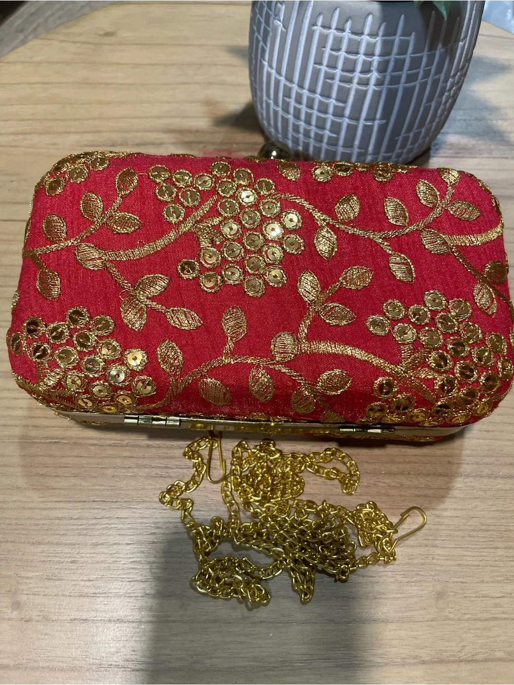 Embroidered Red Evening Clutch with Gold Detail